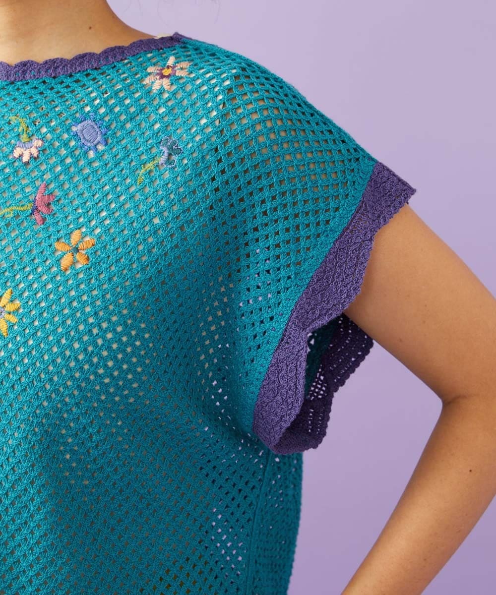 GJFFD31200 Jocomomola(ホコモモラ) 【2WAY】Volar フラワーモチーフ半袖ニットベスト ブルー