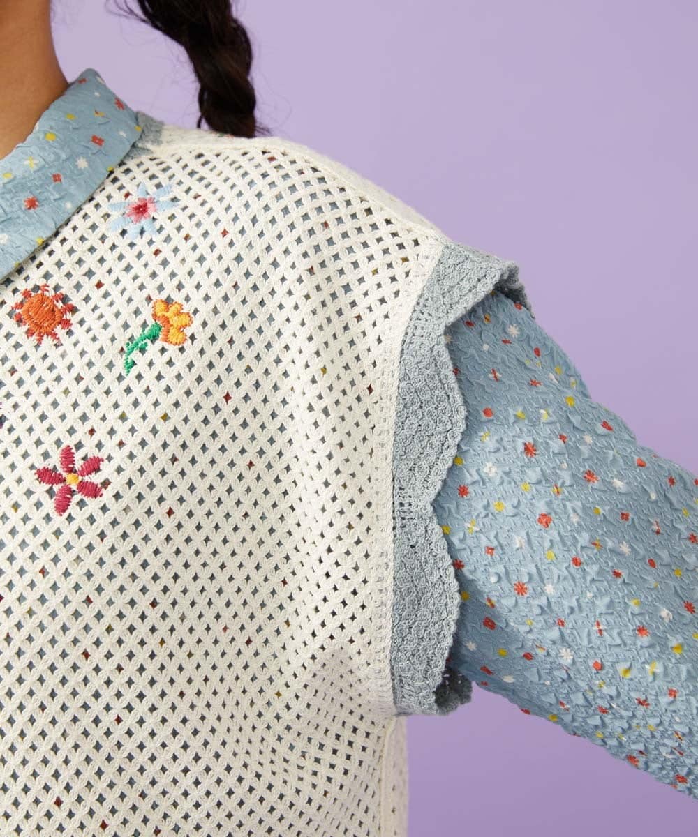 GJFFD31200 Jocomomola(ホコモモラ) 【2WAY】Volar フラワーモチーフ半袖ニットベスト アイボリー