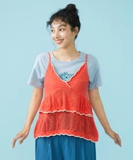 GJFGB40150 Jocomomola(ホコモモラ) Palmera メッシュ　ティアードニットキャミソール ピンク