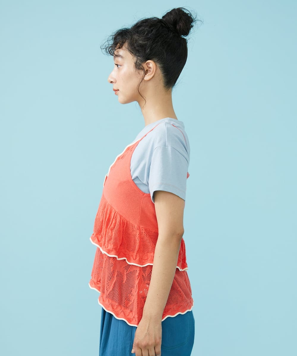 GJFGB40150 Jocomomola(ホコモモラ) Palmera メッシュ　ティアードニットキャミソール ピンク