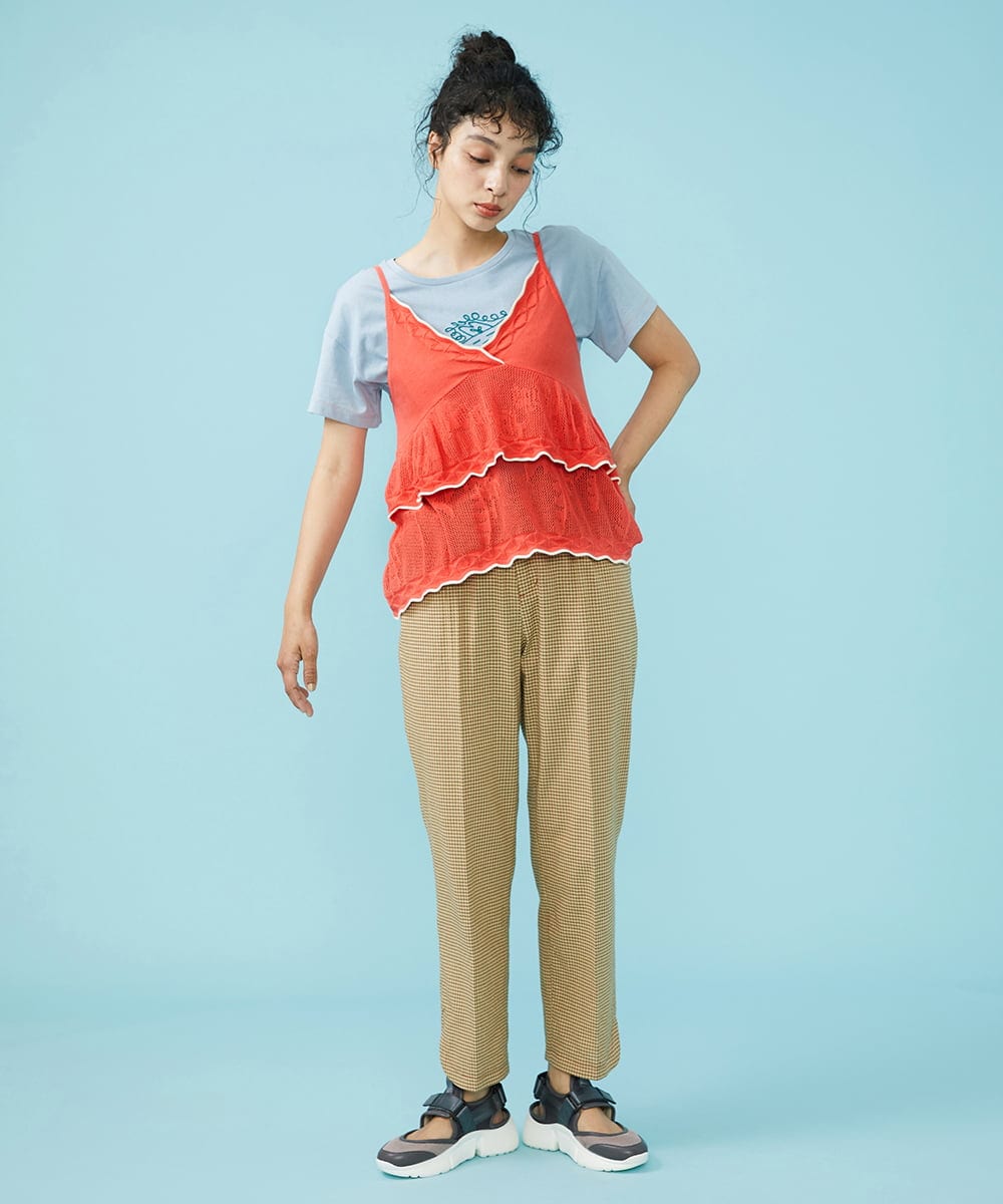 GJFGB40150 Jocomomola(ホコモモラ) Palmera メッシュ　ティアードニットキャミソール ピンク