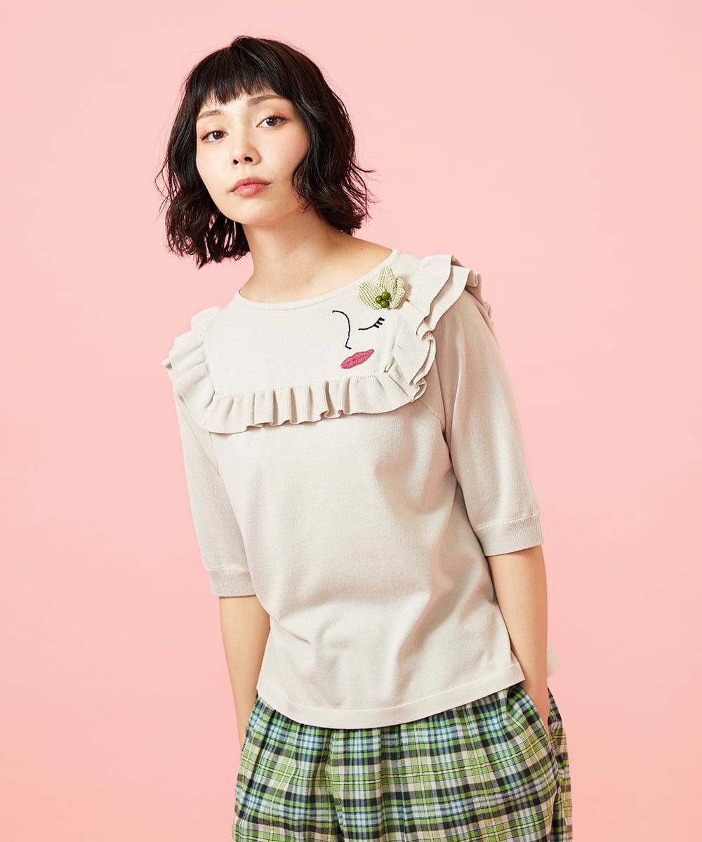 GJFGE02220 Jocomomola(ホコモモラ) Dulcinea フリルニットプルオーバー アイボリー