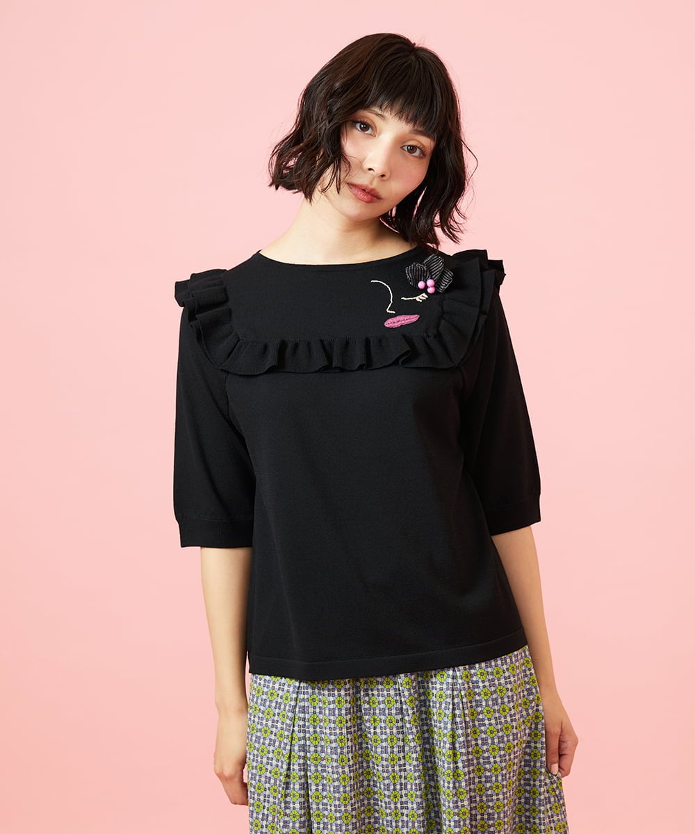 GJFGE02220 Jocomomola(ホコモモラ) Dulcinea フリルニットプルオーバー ブラック