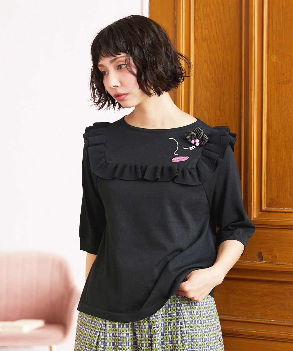 GJFGE02220 Jocomomola(ホコモモラ) Dulcinea フリルニットプルオーバー ブラック