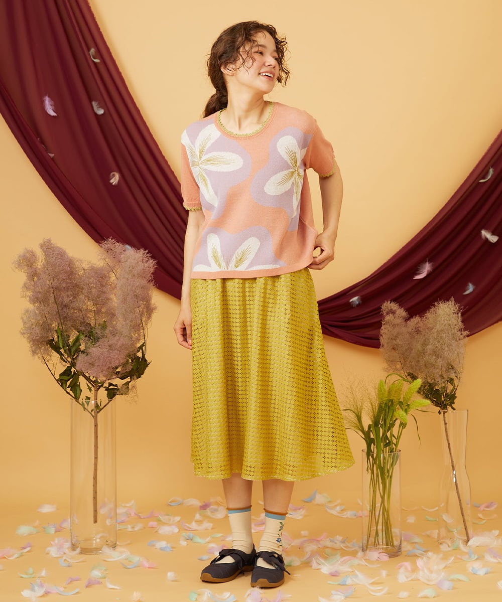GJFHD01200 Jocomomola(ホコモモラ) Flores de verano フラワージャカードニットプルオーバー オレンジ