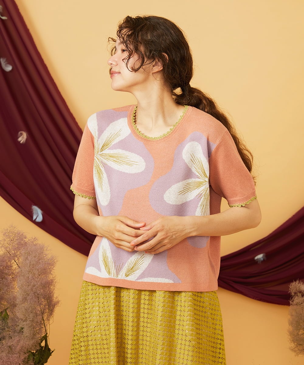 GJFHD01200 Jocomomola(ホコモモラ) Flores de verano フラワージャカードニットプルオーバー オレンジ