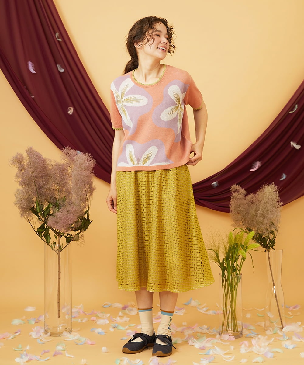 GJFHD01200 Jocomomola(ホコモモラ) Flores de verano フラワージャカードニットプルオーバー オレンジ