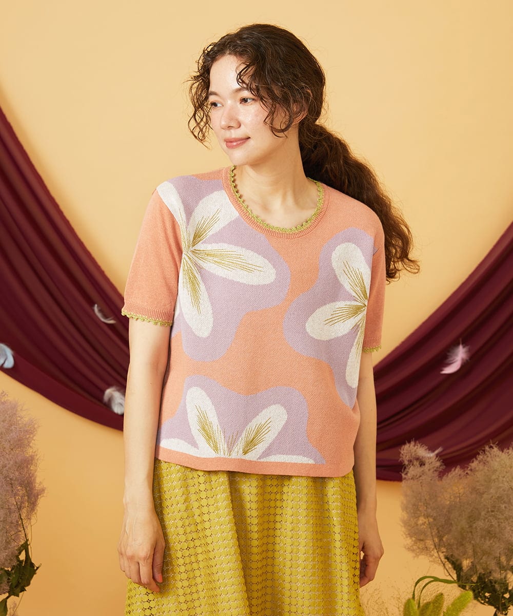 GJFHD01200 Jocomomola(ホコモモラ) Flores de verano フラワージャカードニットプルオーバー オレンジ