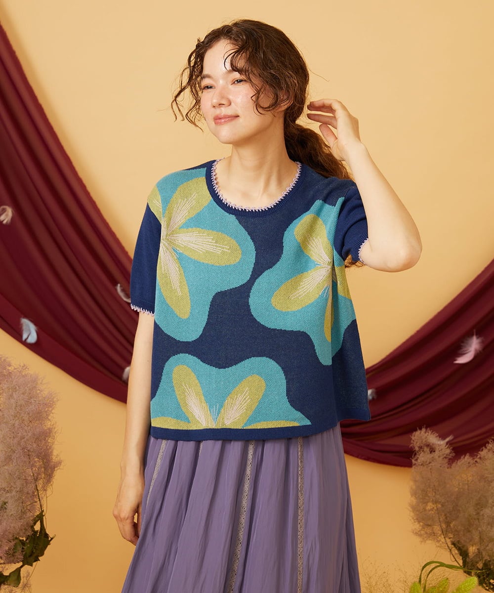 GJFHD01200 Jocomomola(ホコモモラ) Flores de verano フラワージャカードニットプルオーバー ネイビー