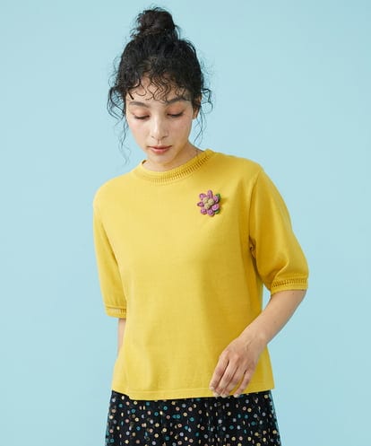 GJFHS30160  ハイツイストコットン ブローチ付きニットプルオーバー