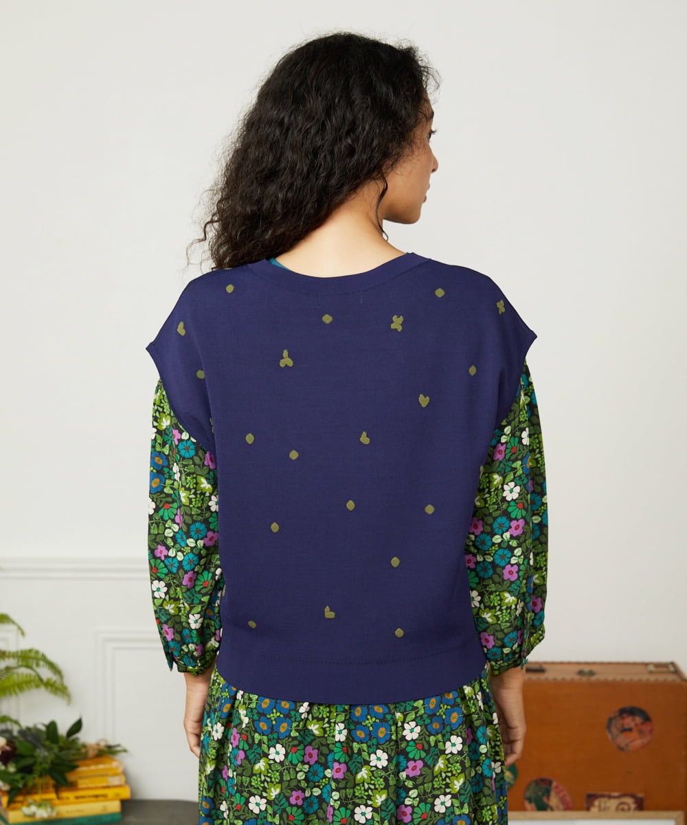 GJFJB02240 Jocomomola(ホコモモラ) Flor Alta フラワー刺繍ニットプルオーバー ネイビー