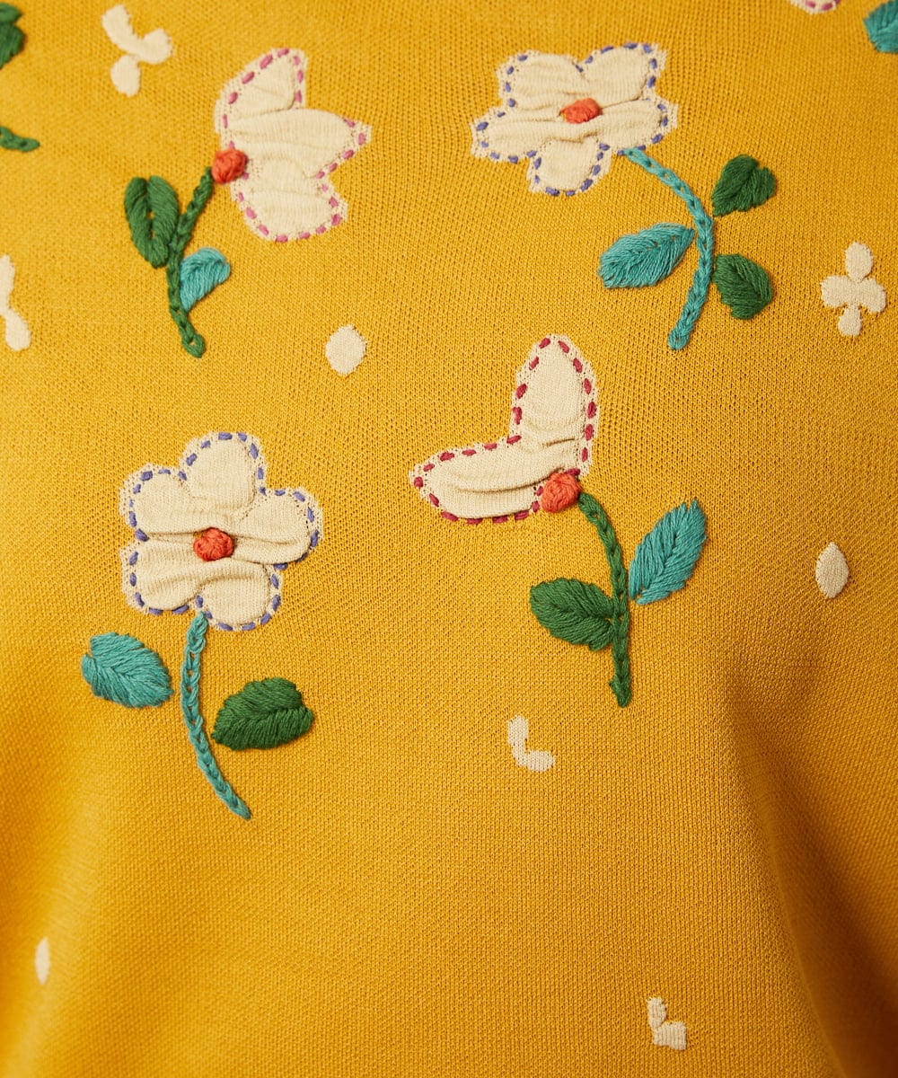 GJFJB02240 Jocomomola(ホコモモラ) Flor Alta フラワー刺繍ニットプルオーバー ネイビー