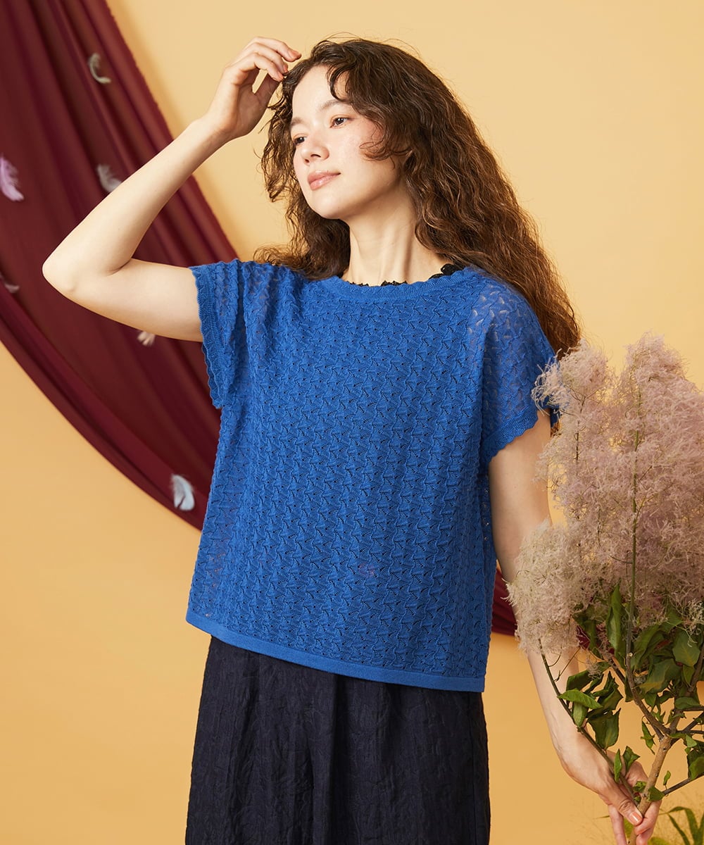 GJFJD31200 Jocomomola(ホコモモラ) Capricho バックリボンサマーニットプルオーバー ブルー