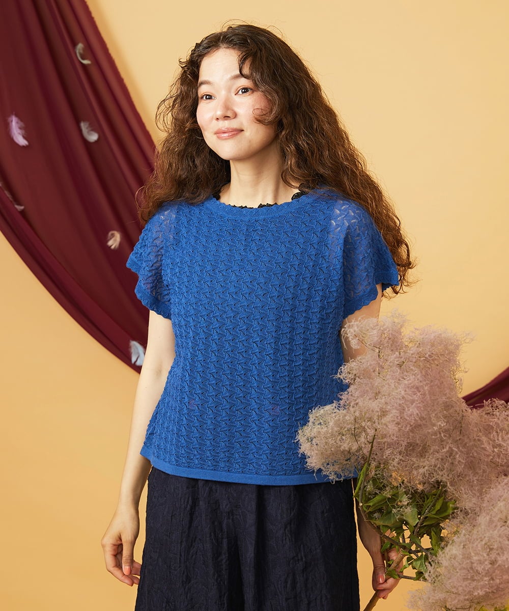 GJFJD31200 Jocomomola(ホコモモラ) Capricho バックリボンサマーニットプルオーバー ブルー