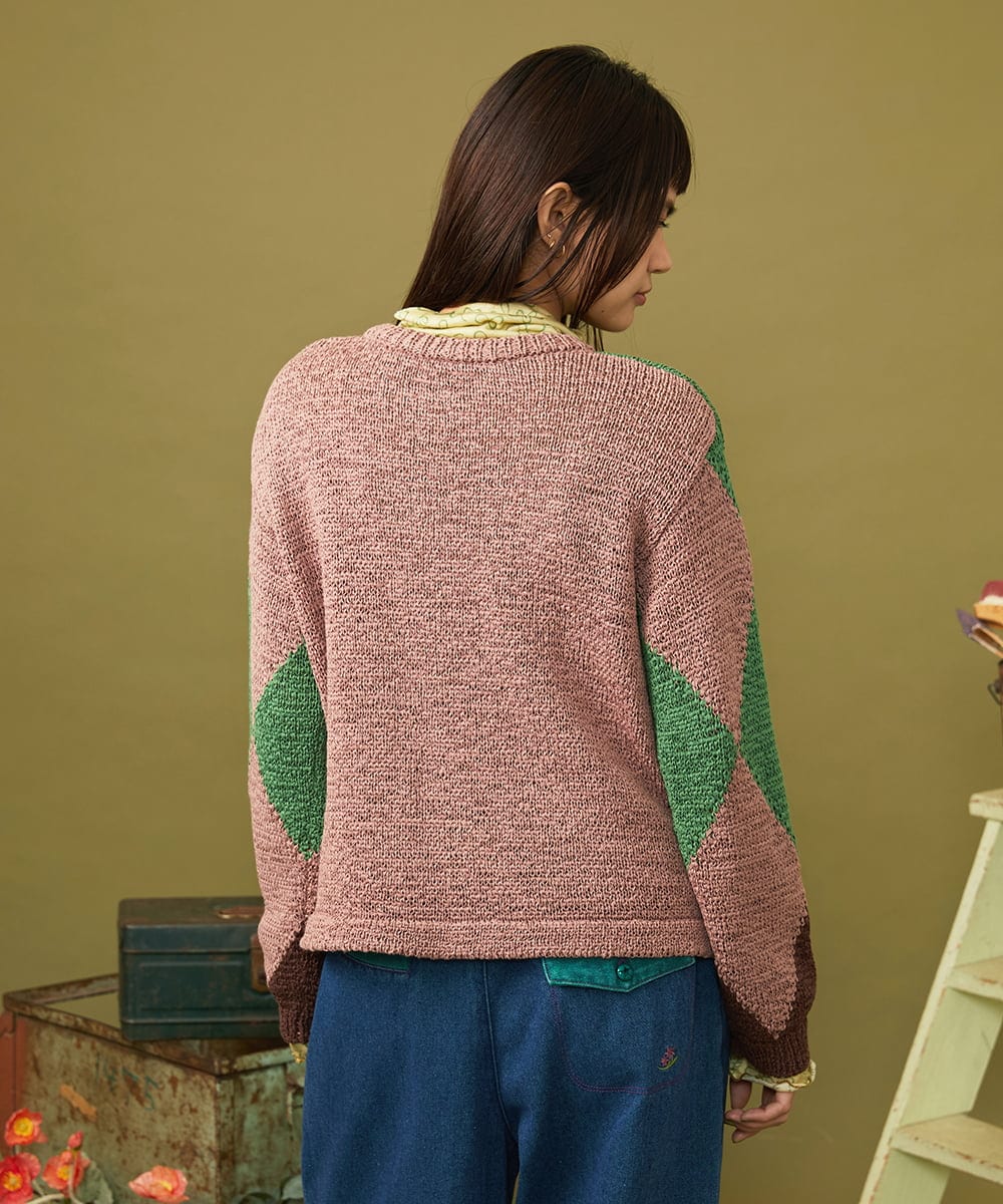 GJFLD32230 Jocomomola(ホコモモラ) Rombo de Cinta アーガイル柄ニットプルオーバー ピンク