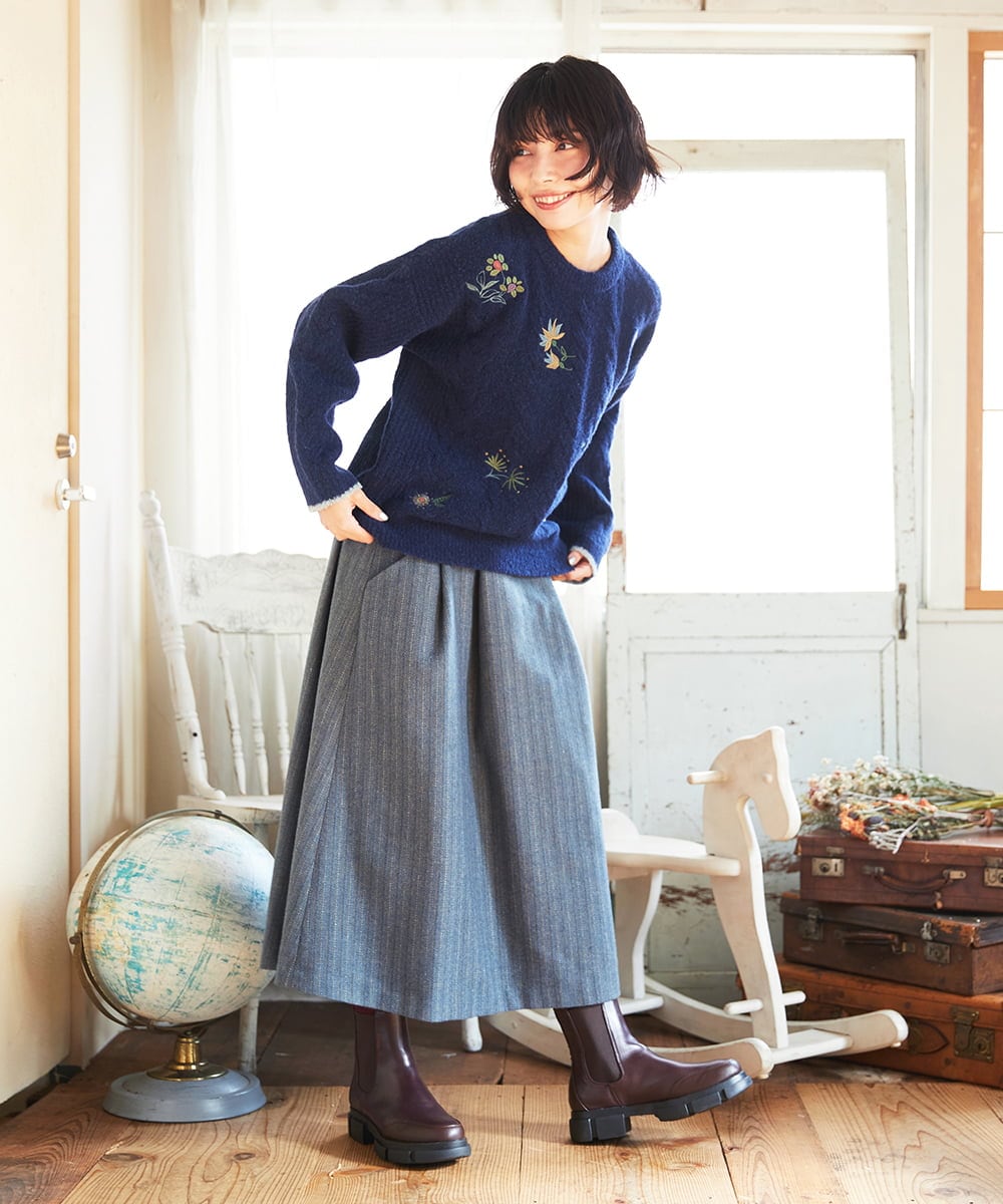 GJHAE42200 Jocomomola(ホコモモラ) Huellas de aves へリンボーンタックフレアスカート ベージュ