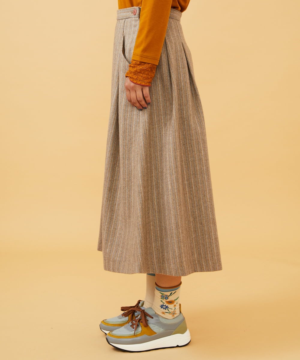 GJHAE42200 Jocomomola(ホコモモラ) Huellas de aves へリンボーンタックフレアスカート ベージュ