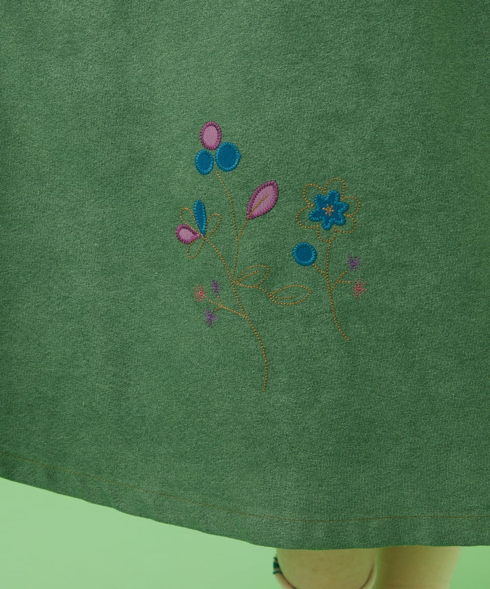 GJHCA31200 Jocomomola(ホコモモラ) フラワー刺繍 ピーチ起毛ピンタックスカート グリーン