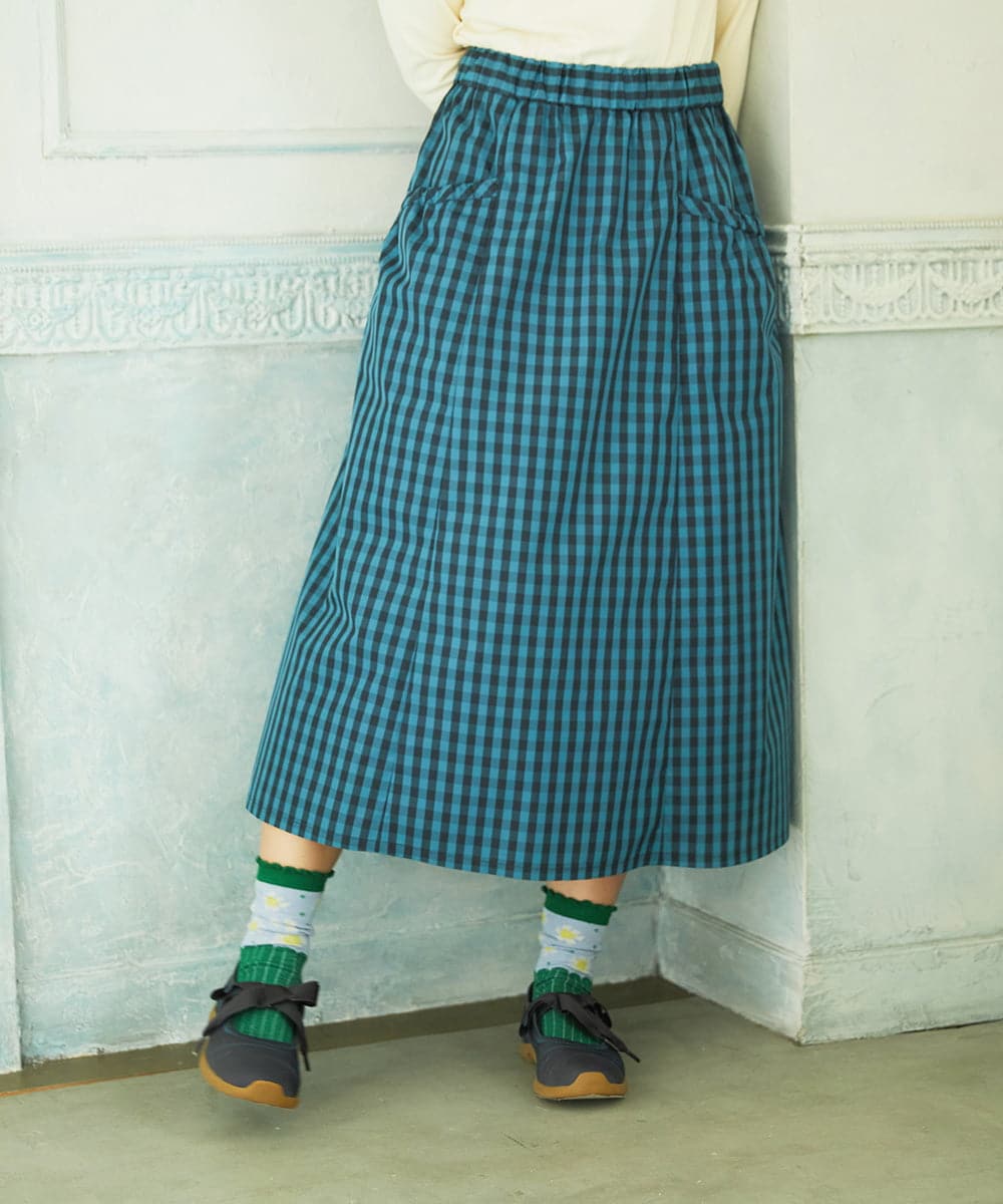 GJHDD33170 Jocomomola(ホコモモラ)  Sillin ギンガムチェック ギャザースカート ブルー