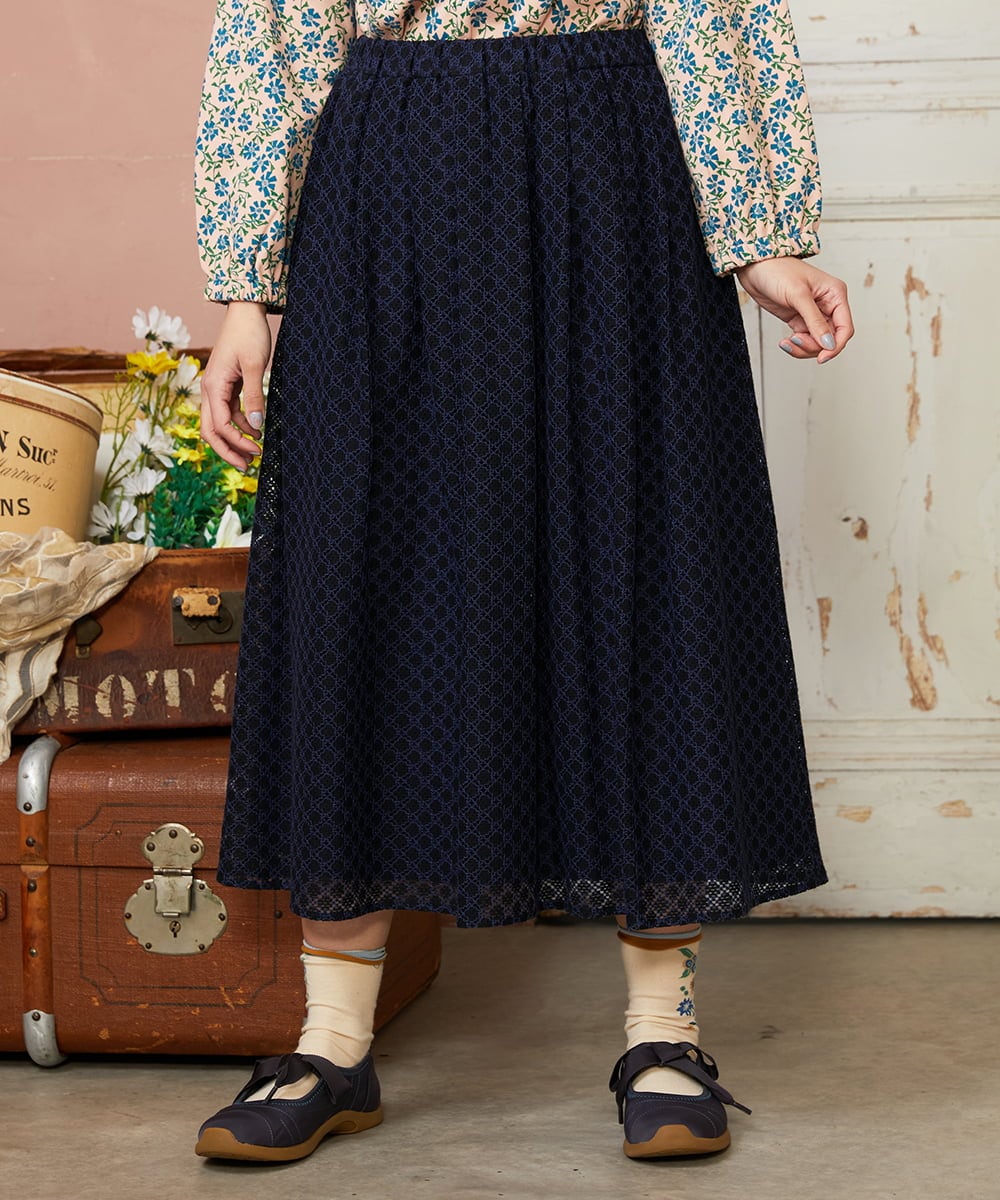 GJHDE42200 Jocomomola(ホコモモラ) Entrada 幾何学レースフレアスカート ブラック