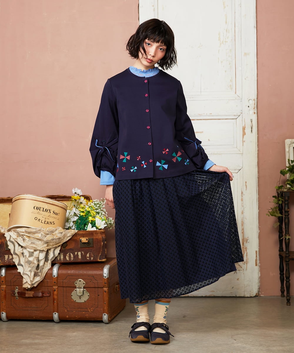 GJHDE42200 Jocomomola(ホコモモラ) Entrada 幾何学レースフレアスカート ブラック