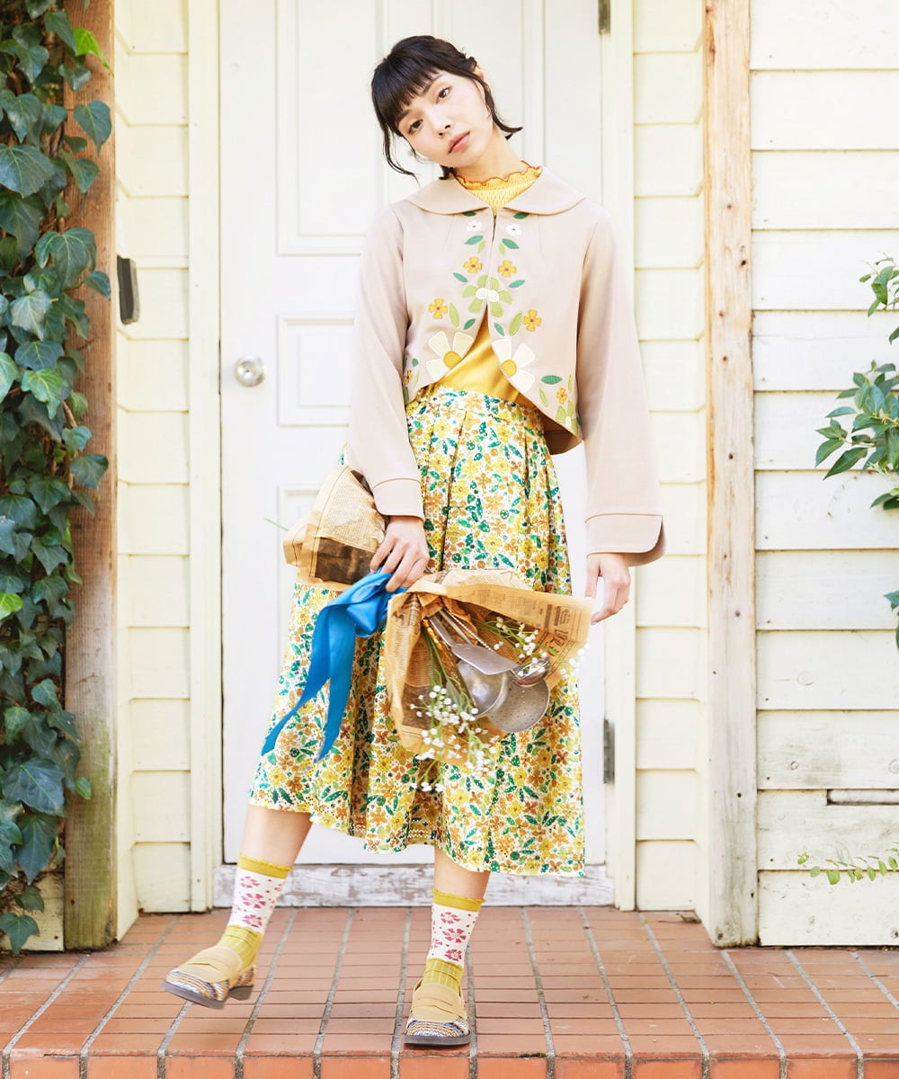 GJHFD50200 Jocomomola(ホコモモラ) El Rucio フラワープリントレースフレアスカート［オケージョン］ アイボリー