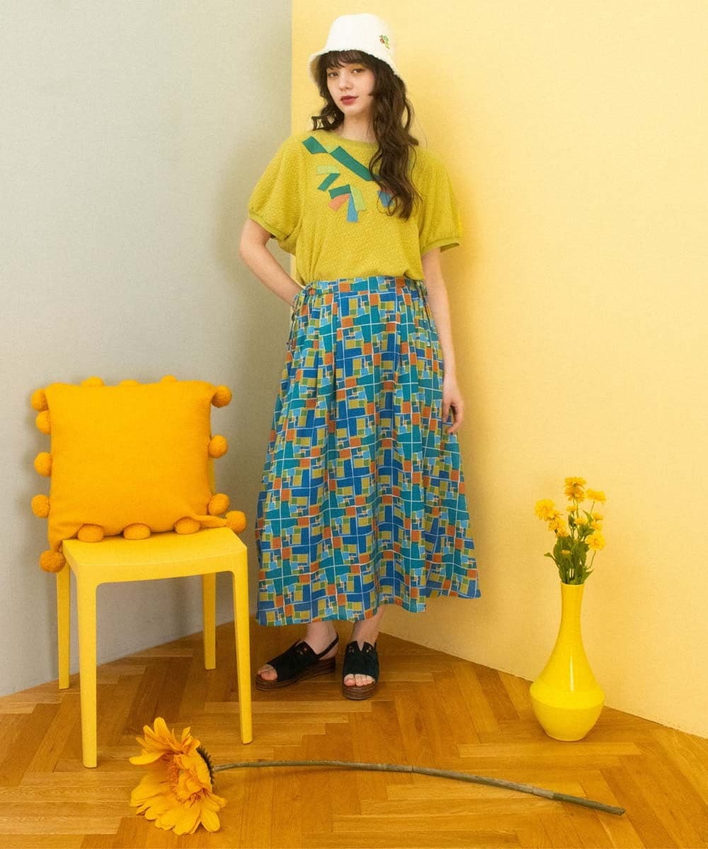 GJHGA01200 Jocomomola(ホコモモラ) Amarillo lima プリントサイドリボンスカート ブルー