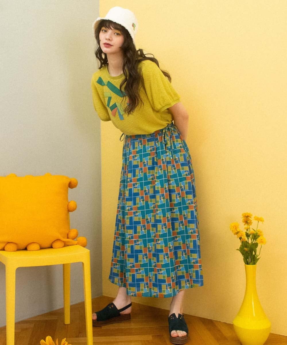 GJHGA01200 Jocomomola(ホコモモラ) Amarillo lima プリントサイドリボンスカート ブルー