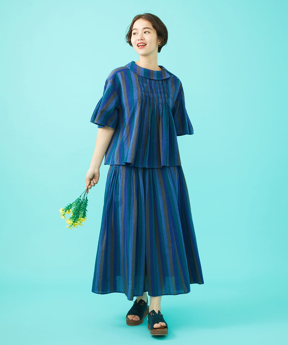 GJHGA30220 Jocomomola(ホコモモラ) Raya スモッキングストライプスカート ネイビー