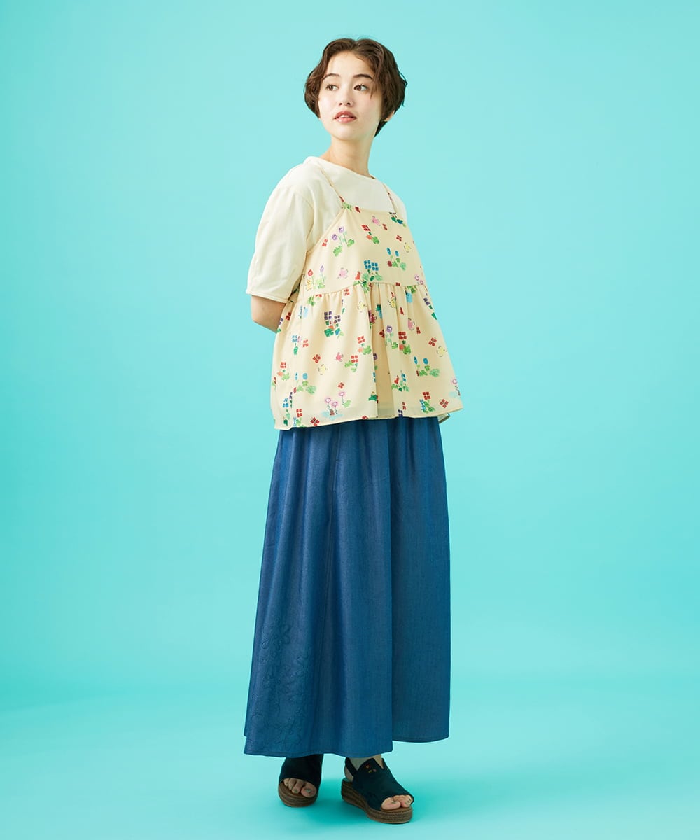 GJHGB41200 Jocomomola(ホコモモラ) Flor pintada テンセルデニムスカート ネイビー