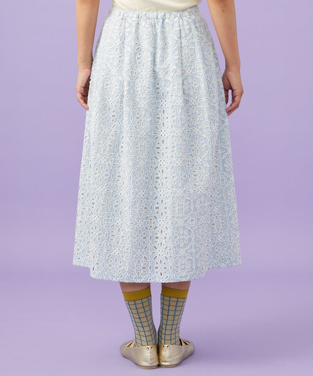 GJHGD50240 Jocomomola(ホコモモラ) Dordado de verano フラワーカットワーク刺繍 ギンガムチェックスカート [オケージョン対応] ライトブルー