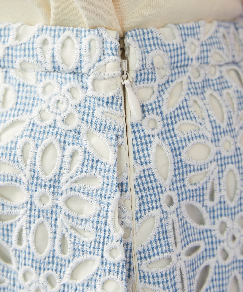 GJHGD50240 Jocomomola(ホコモモラ) Dordado de verano フラワーカットワーク刺繍 ギンガムチェックスカート [オケージョン対応] ライトブルー