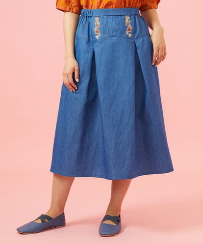 GJHGE42200 Jocomomola Flor デニム 刺繍入りフレアスカート