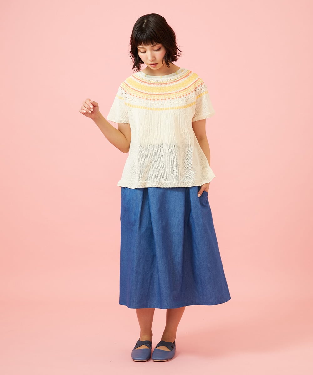 GJHGE42200 Jocomomola(ホコモモラ) Flor デニム 刺繍入りフレアスカート ブルー