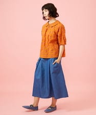 GJHGE42200 Jocomomola(ホコモモラ) Flor デニム 刺繍入りフレアスカート ブルー