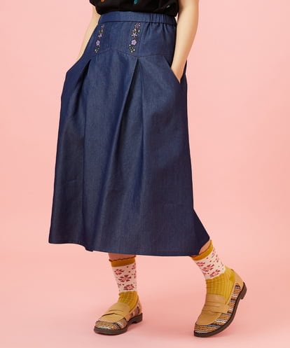 GJHGE42200 Jocomomola Flor デニム 刺繍入りフレアスカート