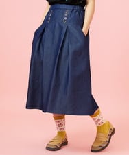 GJHGE42200 Jocomomola(ホコモモラ) Flor デニム 刺繍入りフレアスカート ネイビー