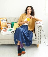 GJHJB36180 Jocomomola(ホコモモラ) Jardines コード刺繍デニムスカート ブルー