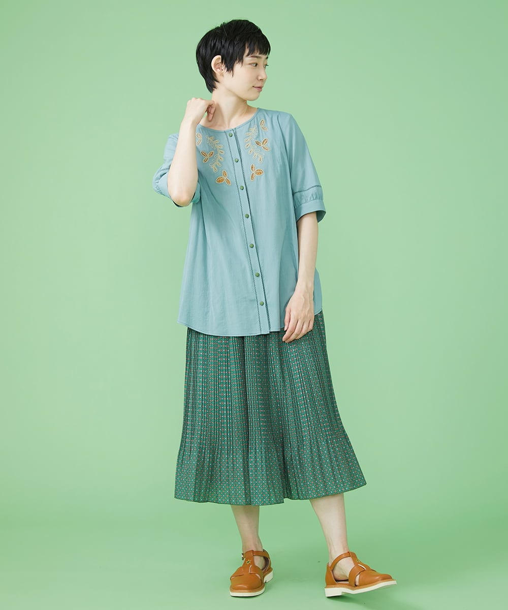 GJHJS33180 Jocomomola(ホコモモラ) Grano プリントプリーツスカート グリーン