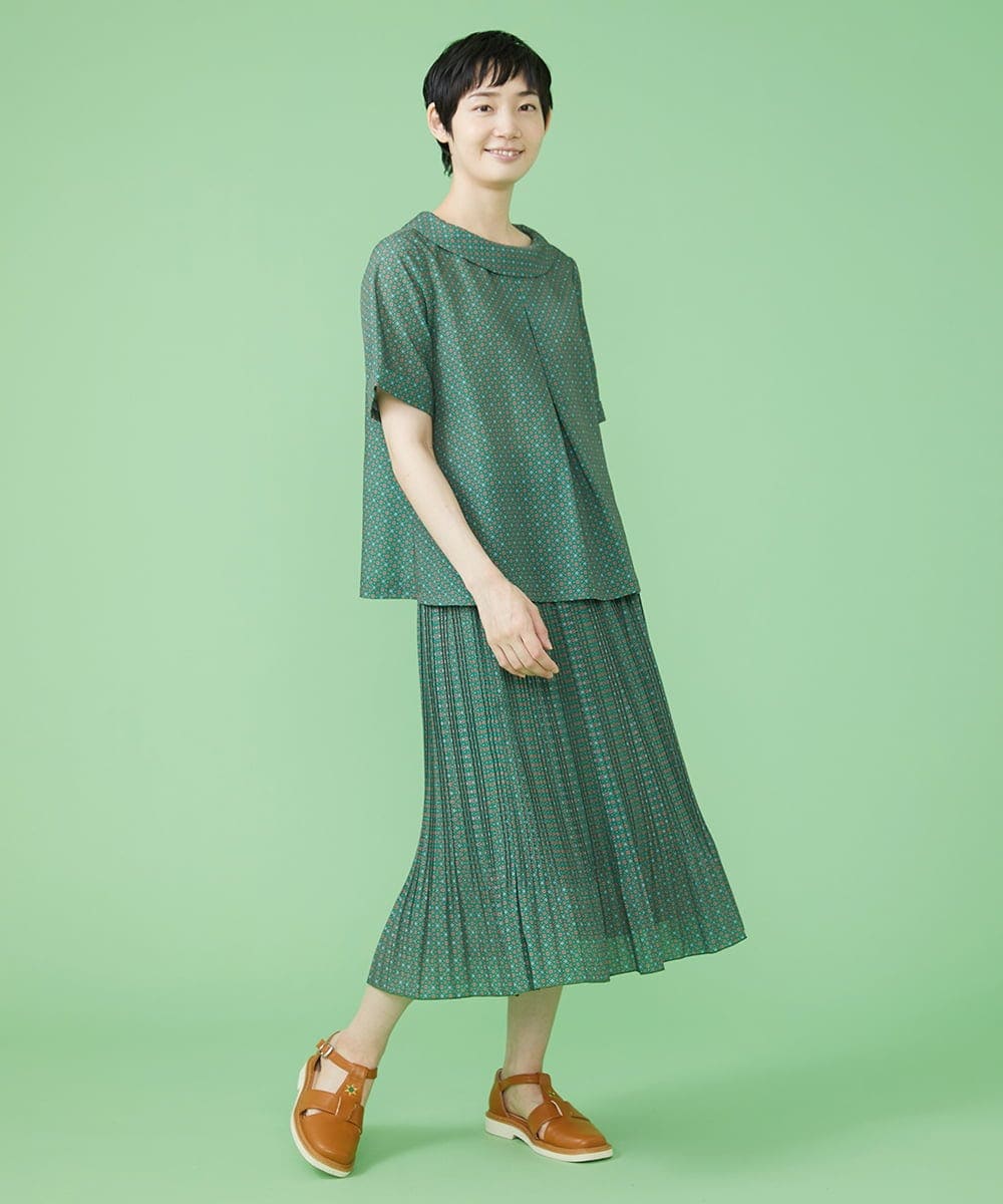 GJHJS33180 Jocomomola(ホコモモラ) Grano プリントプリーツスカート グリーン