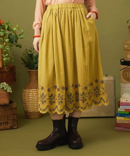 GJHLA31200 Jocomomola Cama de flores コットンヘリンボーンフレアスカート