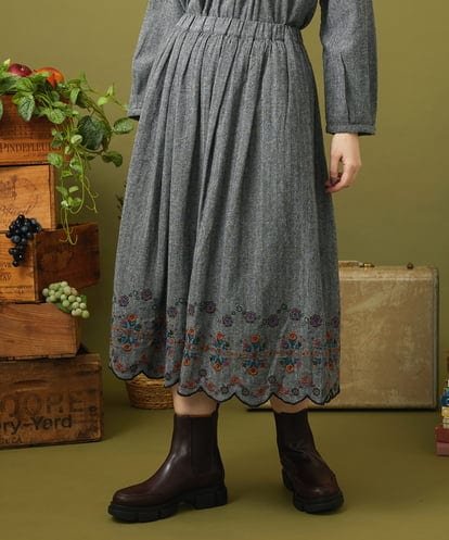GJHLA31200 Jocomomola Cama de flores コットンヘリンボーンフレアスカート
