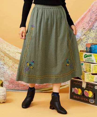 GJHLD33200 Jocomomola フラワー刺繍ヘリンボーンギャザースカート