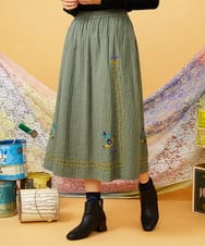 GJHLD33200 Jocomomola(ホコモモラ) フラワー刺繍ヘリンボーンギャザースカート グリーン