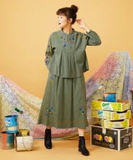 GJHLD33200 Jocomomola(ホコモモラ) フラワー刺繍ヘリンボーンギャザースカート グリーン