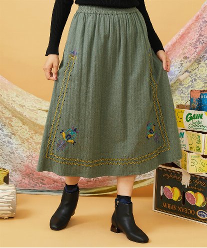 GJHLD33200 Jocomomola フラワー刺繍ヘリンボーンギャザースカート