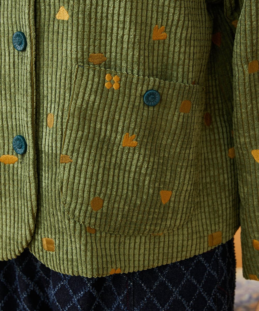GJJAG02360 Jocomomola(ホコモモラ) Manchas モチーフ刺繍 コーデュロイジャケット グリーン