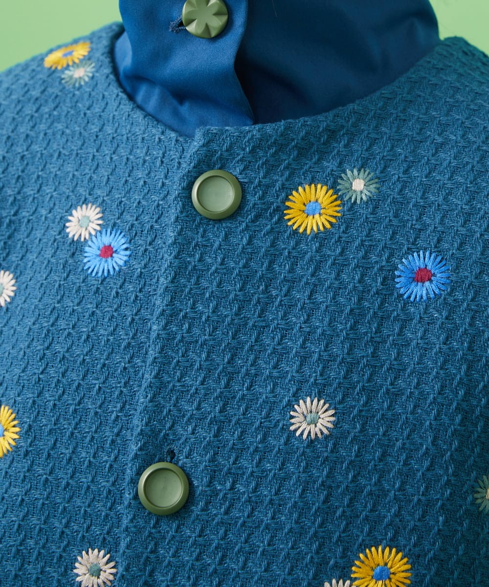GJJCA02480 Jocomomola(ホコモモラ) 【3WAY】Juntos フラワー刺繍ベスト付きロングコート  ブルー