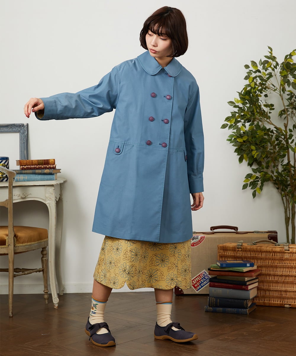 GJJDD30380 Jocomomola(ホコモモラ) 裏地プリントロングコート ブルー