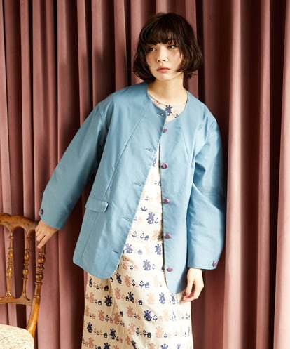 GJJDD31330 Jocomomola 裏地プリント  ノーカラーミドル丈コート